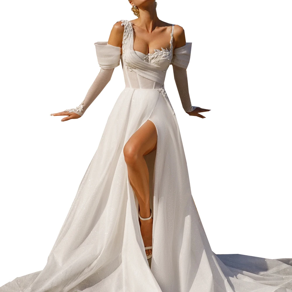 Gorgeous Off The Shoulder Appliques Tall Bridal Gowns Long Sleeves Romantic High Slit Backless Beach Shiny Wedding Dresses