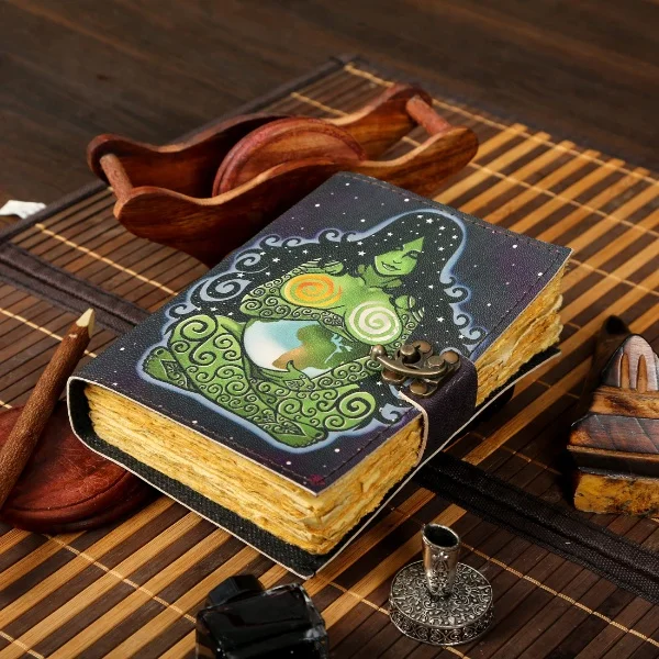 Оригинальный размер Печать Натуральная кожа ручная работа бумажная печать молочный античный ведьмахство винтажный кожаный Журнал Блокнот Журнал