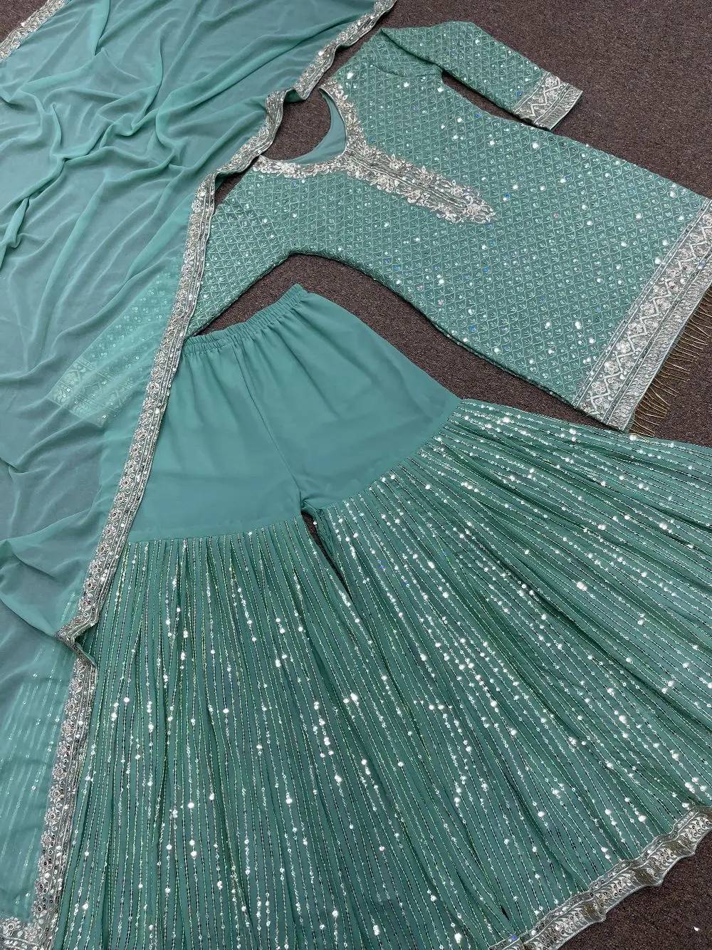 Readymade Indian Sequin Embroidered Sharara Gharara Kurti Set, Georgette Fabric, Pakistani Designer Ethnic Wear 3 Pcs Set