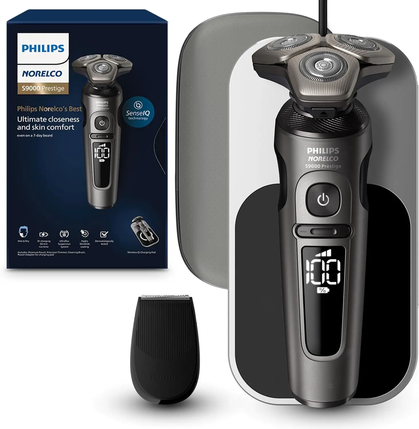 Электробритва Philips Norelco S9000 Prestige с зарядным устройством Qi прецизионным триммером и футляром премиум-класса SP9872/86