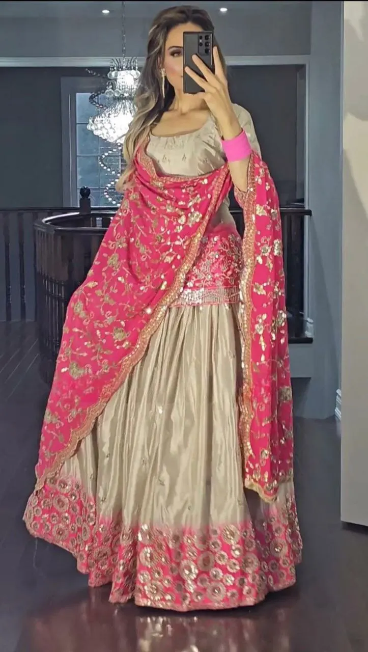 WALIMA Trend Look Beautiful Wedding Season Wear Chinon Silk Top& Lahenga With Attractive Dupatta Set Ready To Purchase