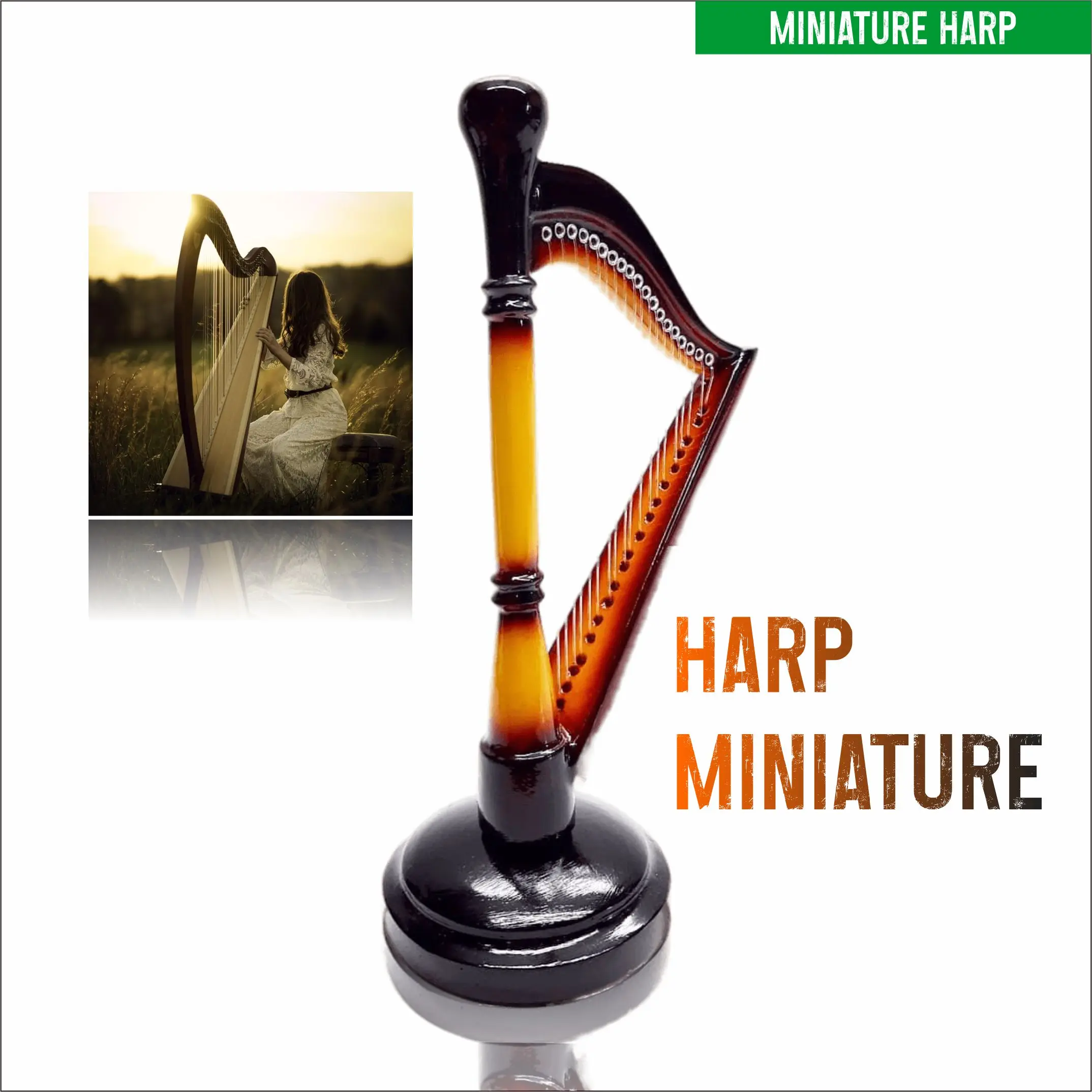 Miniature Harp figurine Resin Exclusive 20 cm for home decoration room and souvenir or tanks gift