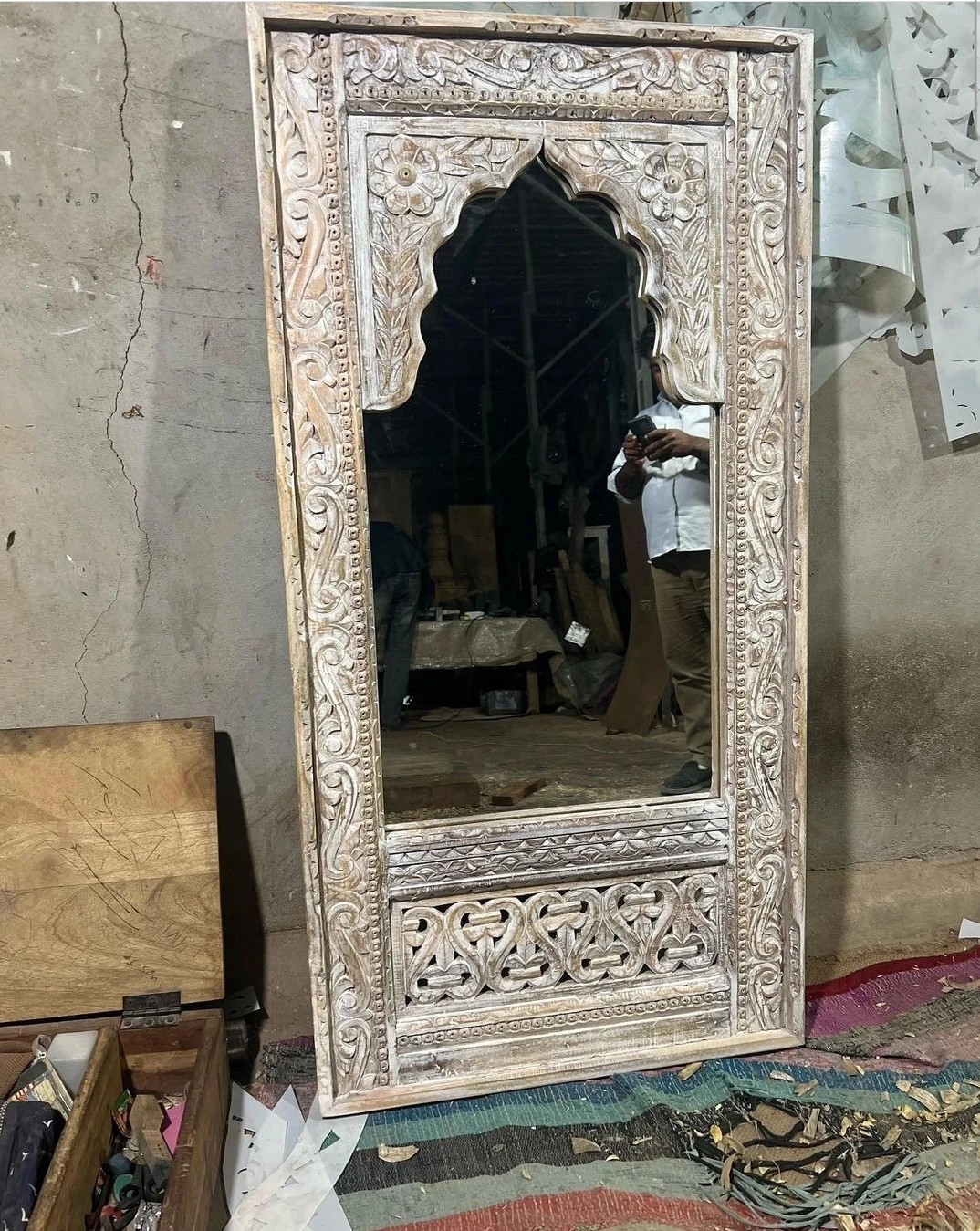 Antique Style Jharokha Mirror Indian Carved Wooden Rustic Indian Mirror Indian Furniture Distressed Mirror for Farmhouse