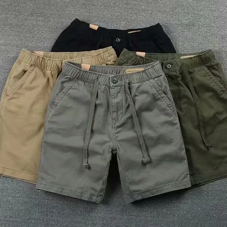 2024 Summer Classical Shorts Men Little Elastic Basic Solid Shorts 100% Cotton Knee Length Washed Cargo Shorts For Men