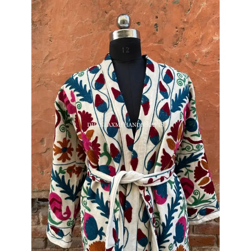 Wholesale Indian Cotton Suzani Hand Embroidery Velvet Kimono Bathrobe Style Sleepwear Night Robe Maxi Gown Boho Unisex Wear Robe