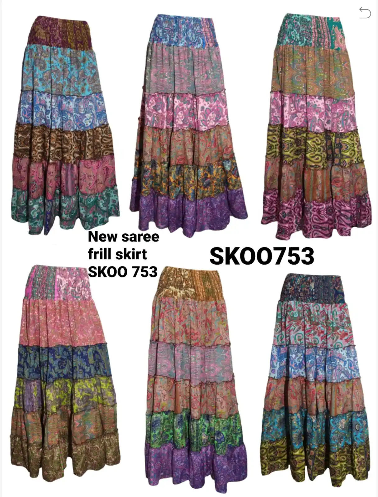 New Long Silk Saree Floral Print Skirt -Spanish dance frill Boho skirt -Western style  Tiered Ruffle Multi Color  long skirt