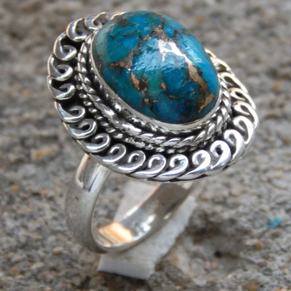 Handmade Designer 925 Solid Sterling Silver Ring Oval Cut Blue Copper Turquoise Gemstone Ring For Woman