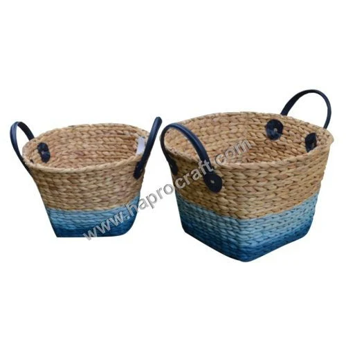 Set of 2 Food Grade Hyacinth Woven Baskets Water Hyacinth & Bamboo Storage & Kitchen Container Wicker Kitchen Basket