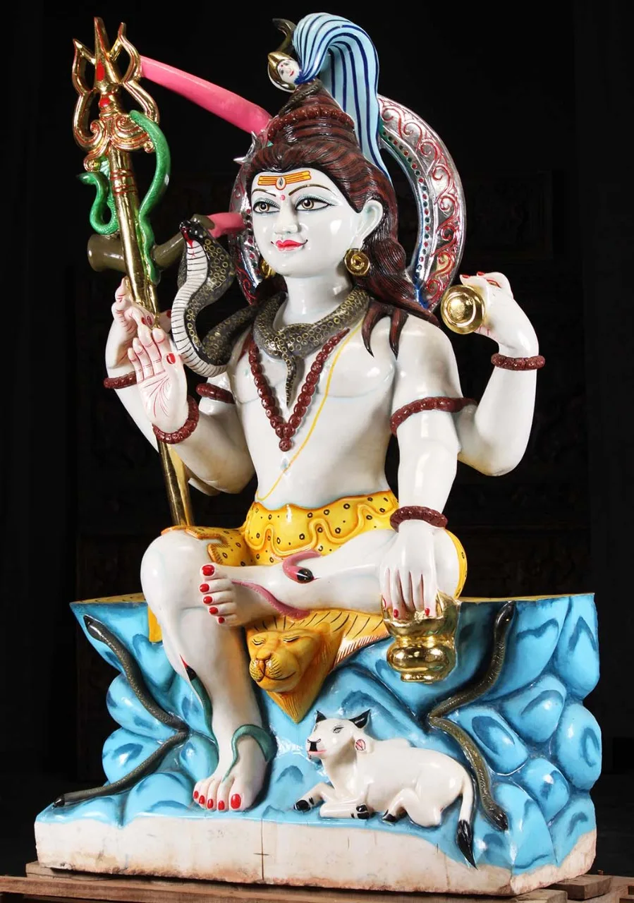 New arrival product Of 2022 Large Painted White Marble Shiva Murti Holding Drum Trident & Pot with Nandi & Cobras From India