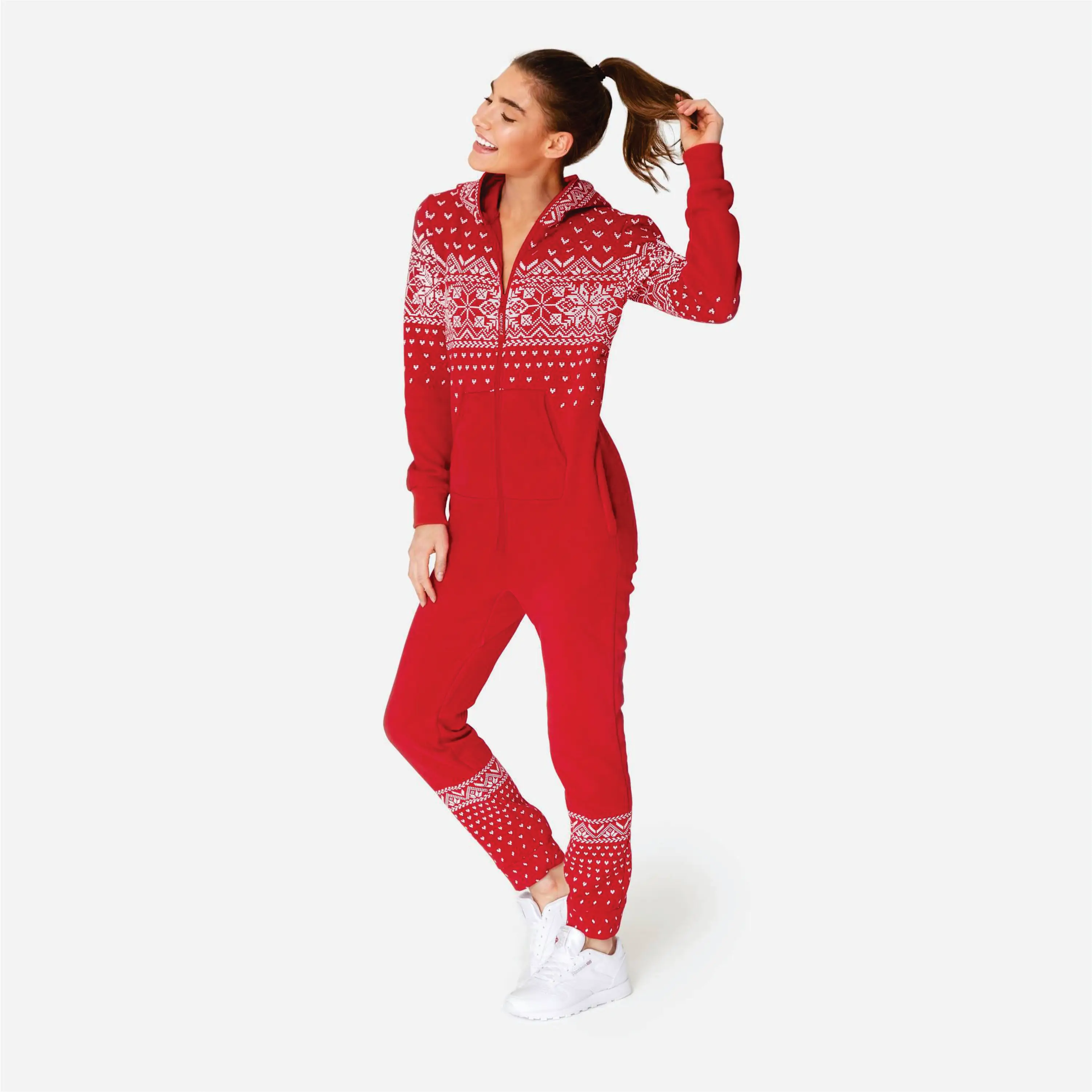 Print Detail and Embroidered Logo 50% Polyester 50% Cotton Side Pockets with Zipper Closure Unisex Red Alpine JumpsuitBreathable
