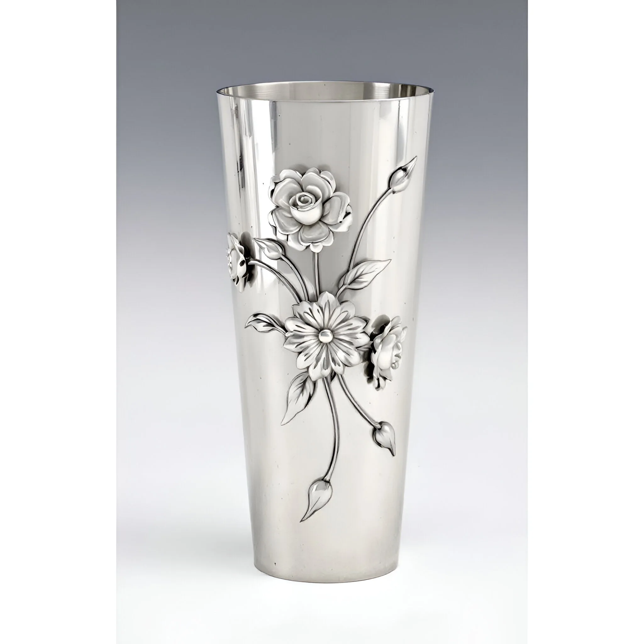 Elegant Silver Floral Vase Tapered Metal Stainless Steel Design with Embossed Flowers for Refined Home & Office Decor Vases