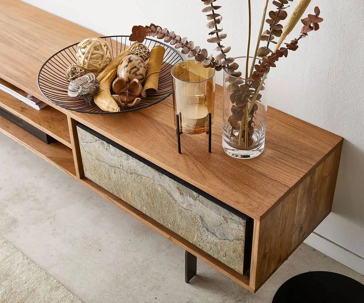 Modern Design Large Size TV Cabinet with Storage Drawer made from Mango Wood & Iron Base Stone Veneer Sheet Decorative Furniture