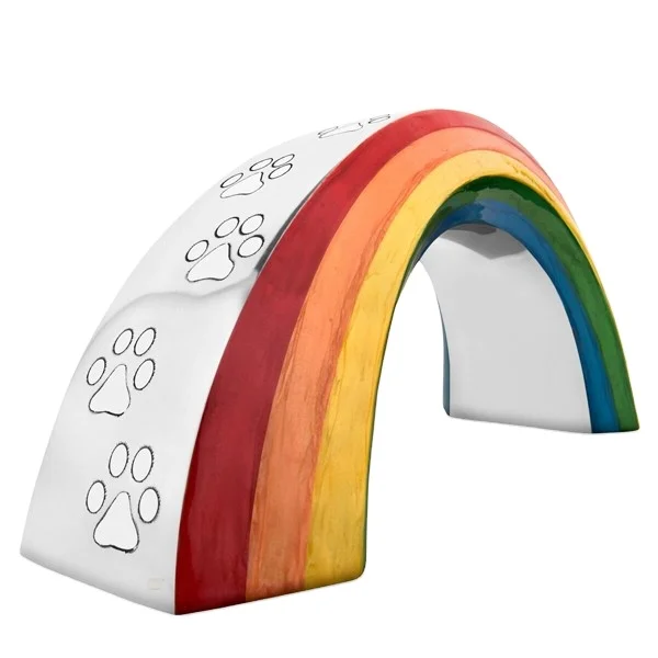 Decorative Rainbow Cremation Urn With Cat Paw Print Wholesale Supply Free Standing Showcase Aluminum Urn Funeral Supply For Pet