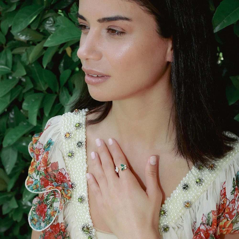 Fresh Trend Women Ring Butterfly Flower Design Emerald Adjustable Ring Turkish Silver Jewelry Fine Jewellery