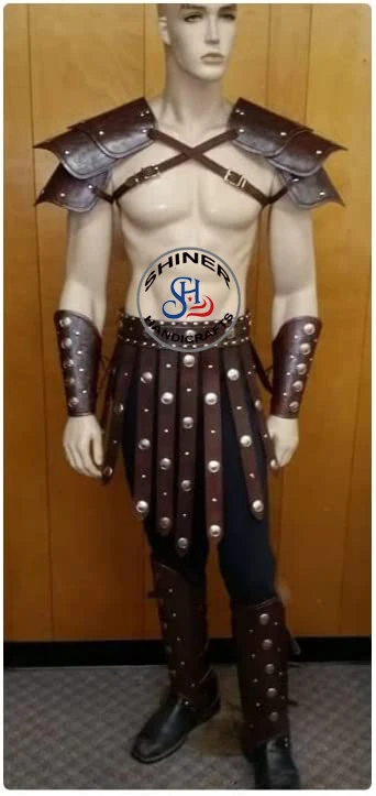 Medieval Armor Leather Roman Heavy Brass Leather Belt Greek Spartan Brown Leather Arm Guards & Leg Guard Men Halloween  Costume