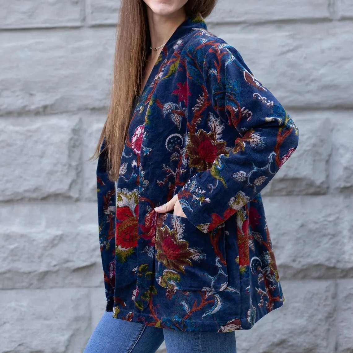 Manufacturer And Wholesale Reversible Velvet Kimono Winter Robe Indian Cotton Handmade Velvet coat Bohemian kimono robe cardigan
