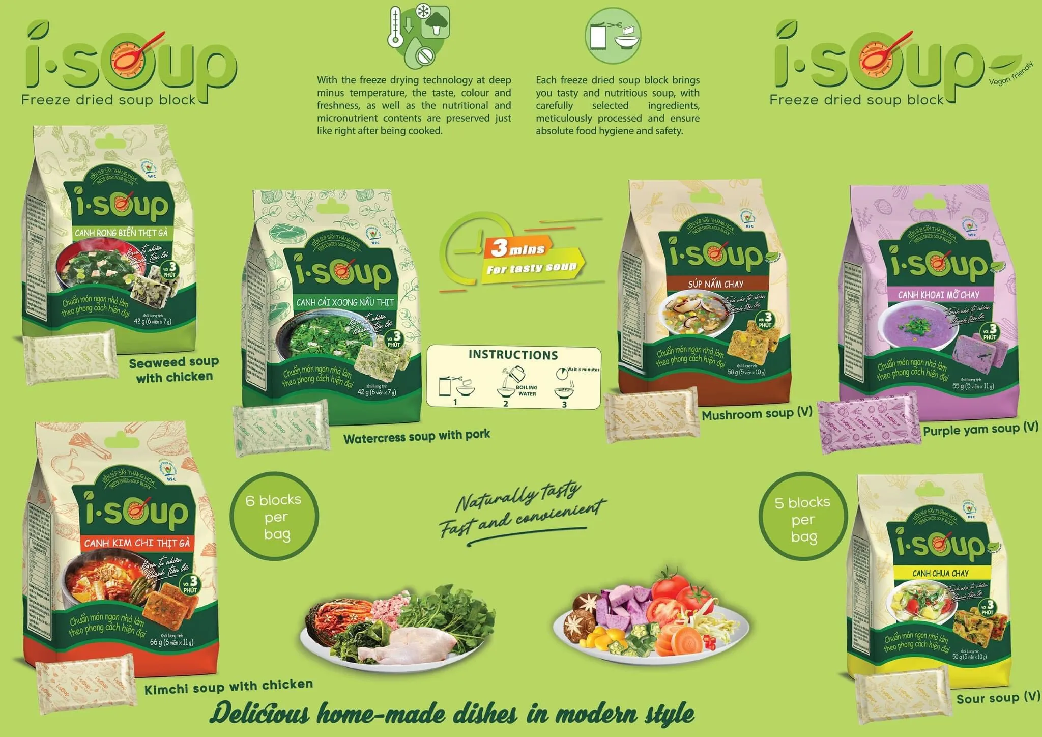 Chicken Kimchi Soup FD- ISOUP Instant Soup Naturally Tasty Fast Convenient Nutritious Freeze Dried Soup Block