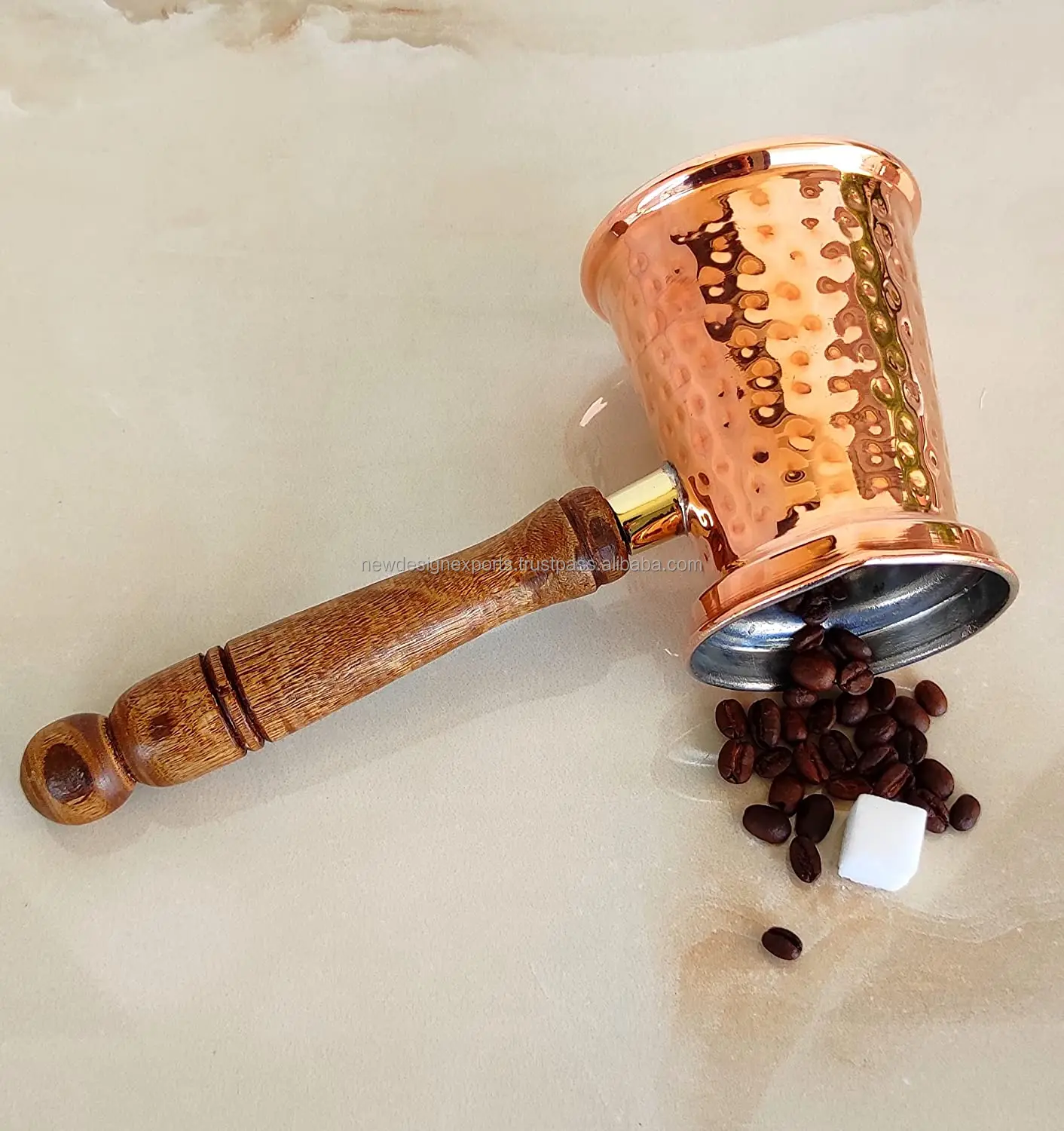 Turkish Greek Arabic Hammered Copper Coffee Pot Stovetop Coffee Maker Briki with Wooden Handle, (Copper)
