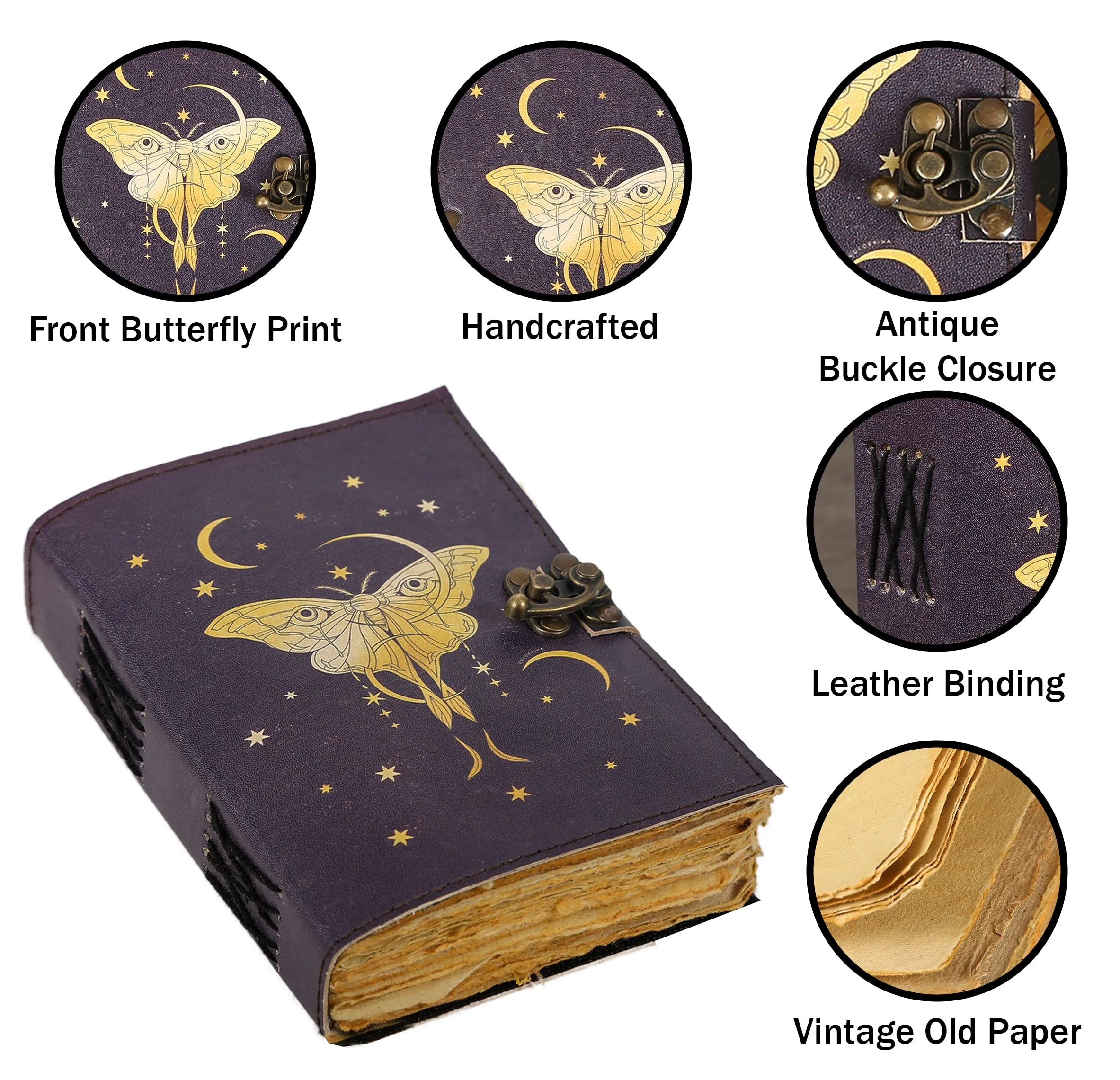 Luna Moth Blank Spell Book Of Shadows Journal with Lock Clasp Vintage Handmade Leather Butterfly Print Diary Prayer Pagan