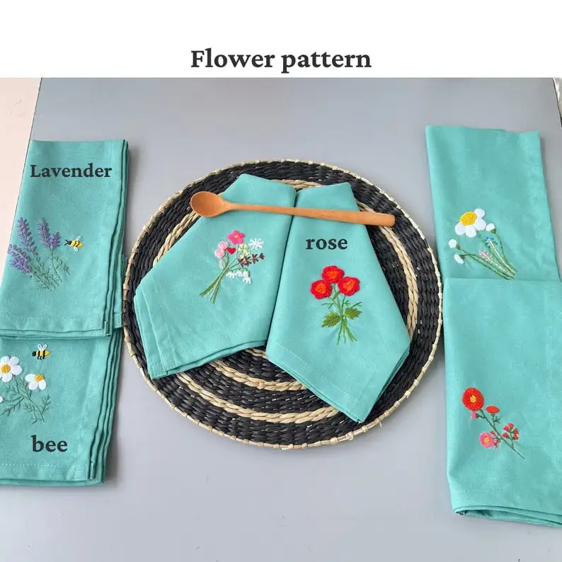 Flower Embroidered Linen Napkins Set Reusable Hand Embroidered Wildflower Table Decor for Family Dinners