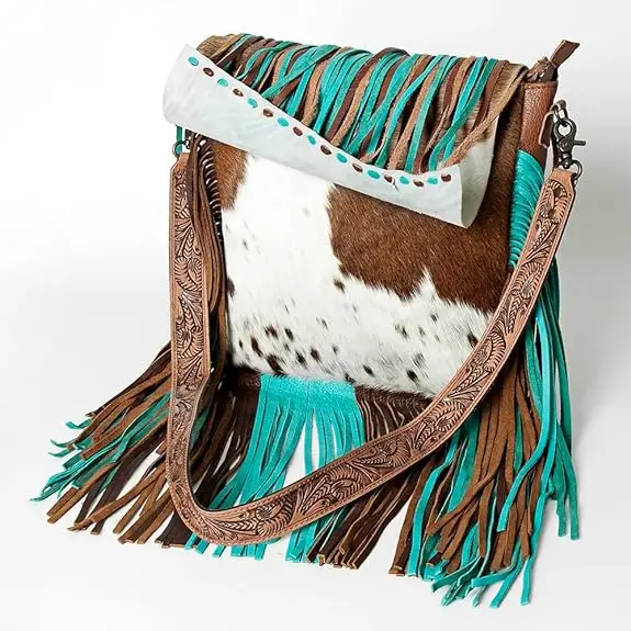 Western Stylish Tooled Leather Women Crossbody Bag With Fringes High Quality Western Genuine Leather Purse Cowgirl Messenger Bag