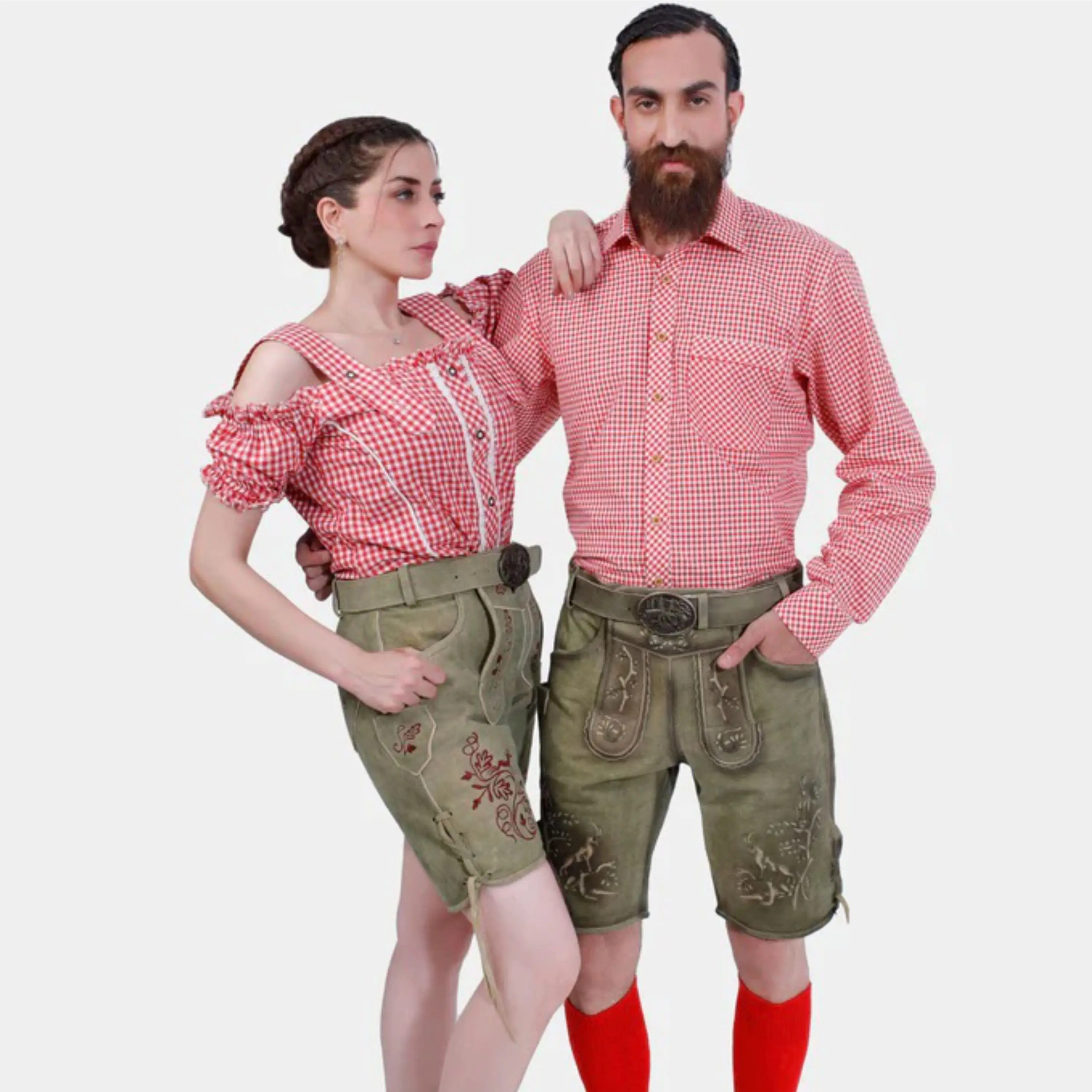 Traditional Bavarian Couple Outfit  Customizable Lederhosen and Dirndl Clothing Set for Oktoberfest and German Celebrations