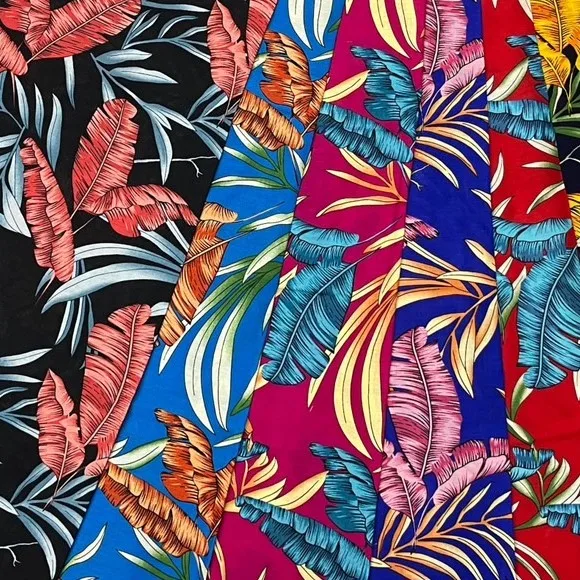 100% pure rayon high fashion polynesian designs in various colorways ready for immediate shipoment worldwide