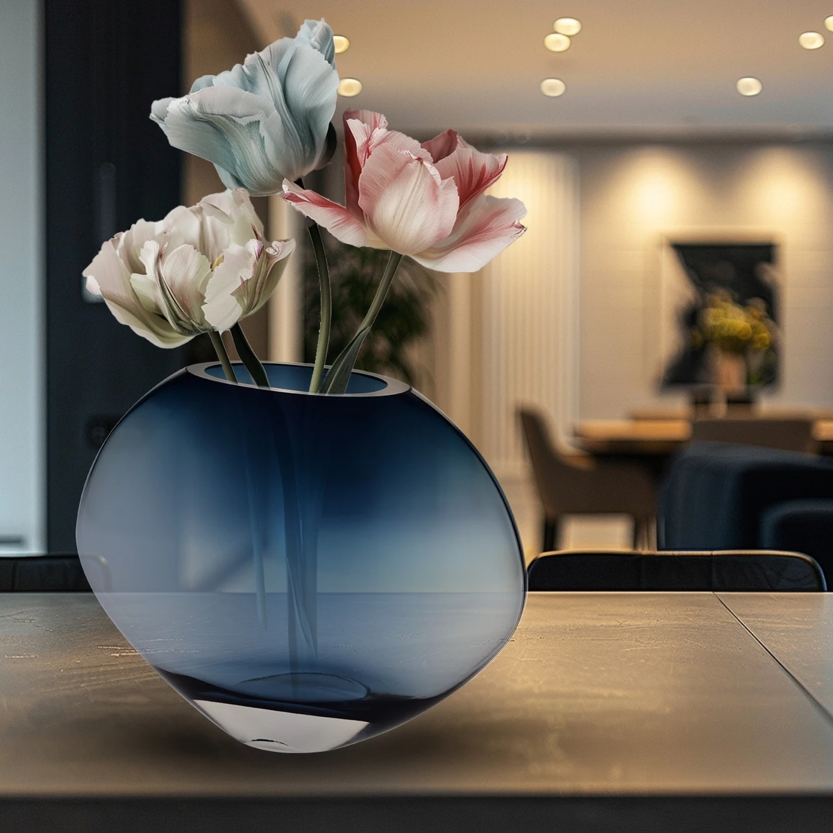 Contemporary Round Flat Navy Blue Glass Vase - 8.2 in (21cm) Height - Handmade - B2B Wholesale Offer - Home Decor - Krosno Glass