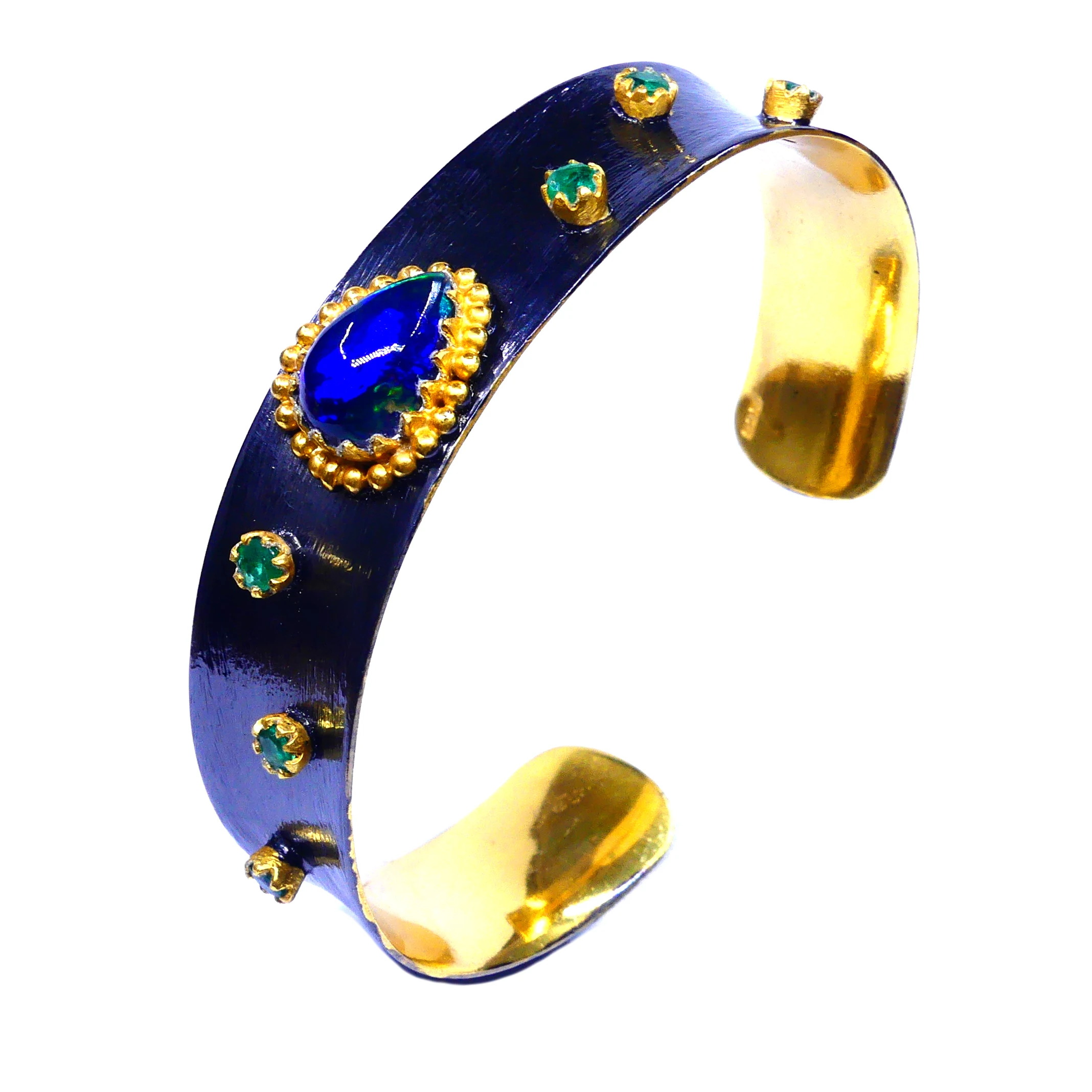 Handmade Oxidized 925 Sterling Silver Black Opal and Emerald Gemstones Daily Wear Ladies Cuff Bangle