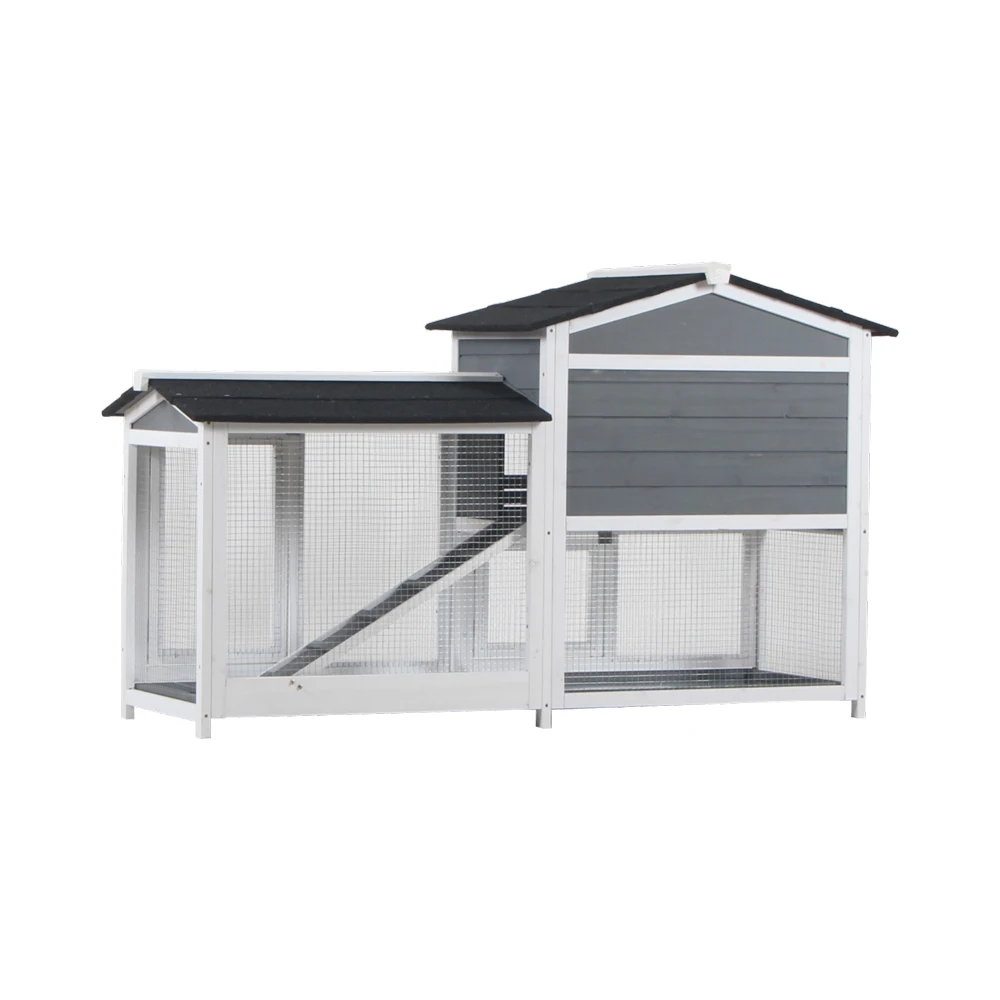 Wooden Rabbit Hutch Small Animal House Poultry Pet Cage Gray with Ramp