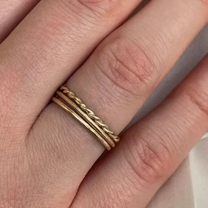 3 Pcs 925 Sterling Silver Hammered Minimalist Stack Rings 3.3 Gms 2mm Slim girl band Ladies Natural Curve hammered plain Rings