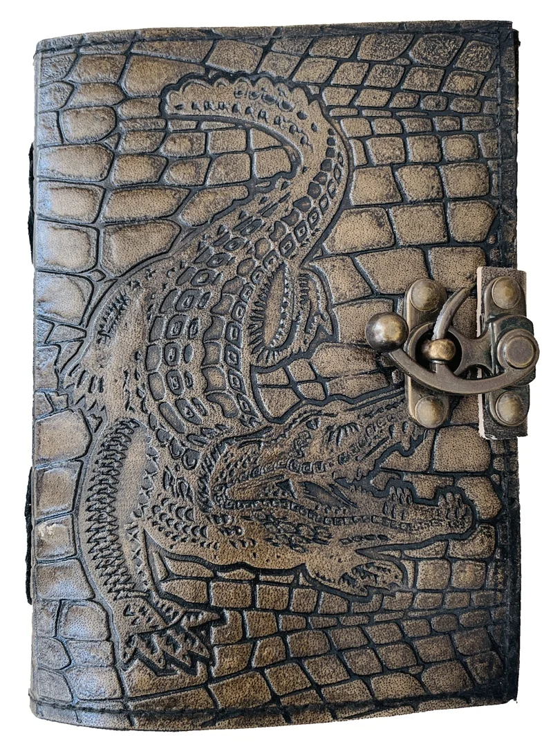 Alligator Crocodile Leather Journal With Custom Handmade Charcoal Book Of Shadow Witchcraft Deckle Edge Paper Notebook With Lock