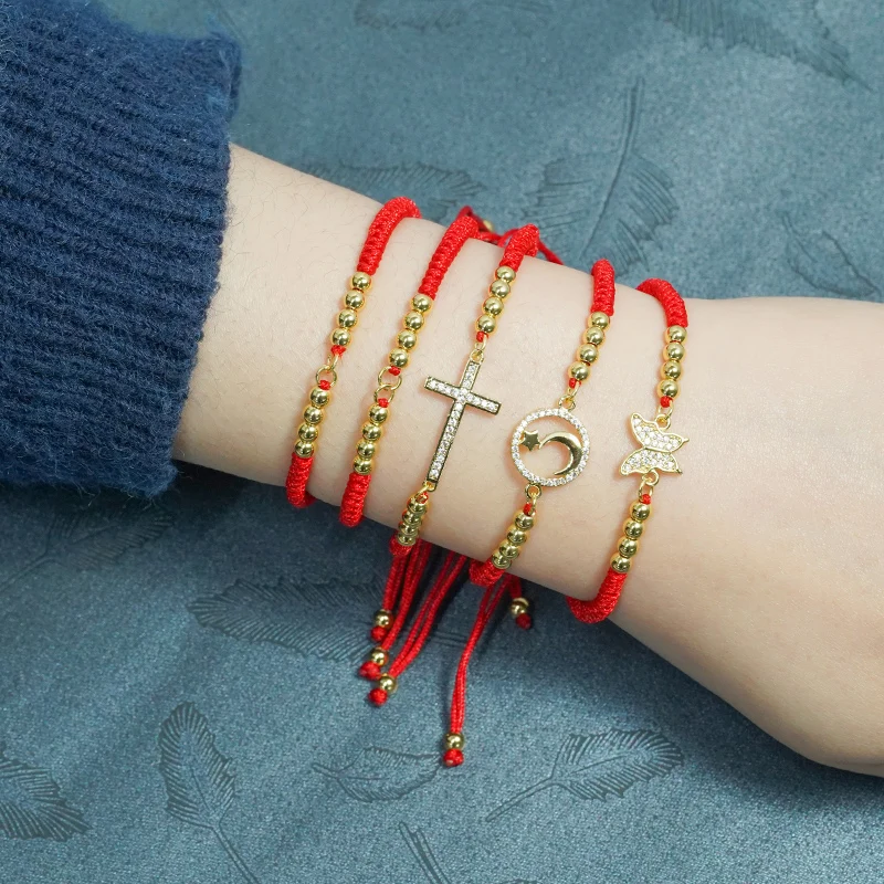 Handmade Braided Red Thread String Bracelet Gold Plated Lucky Adjustable Anklet Rope Cord String Bracelet For Diy Jewelry Making