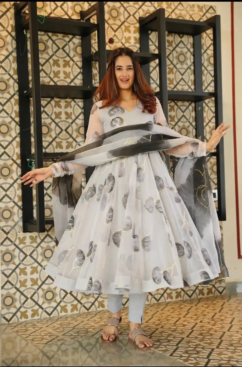 Premium Quality Long Anarkali Gown With Digital Printed Organza Silk festive wear gown with dupatta readymade in low price