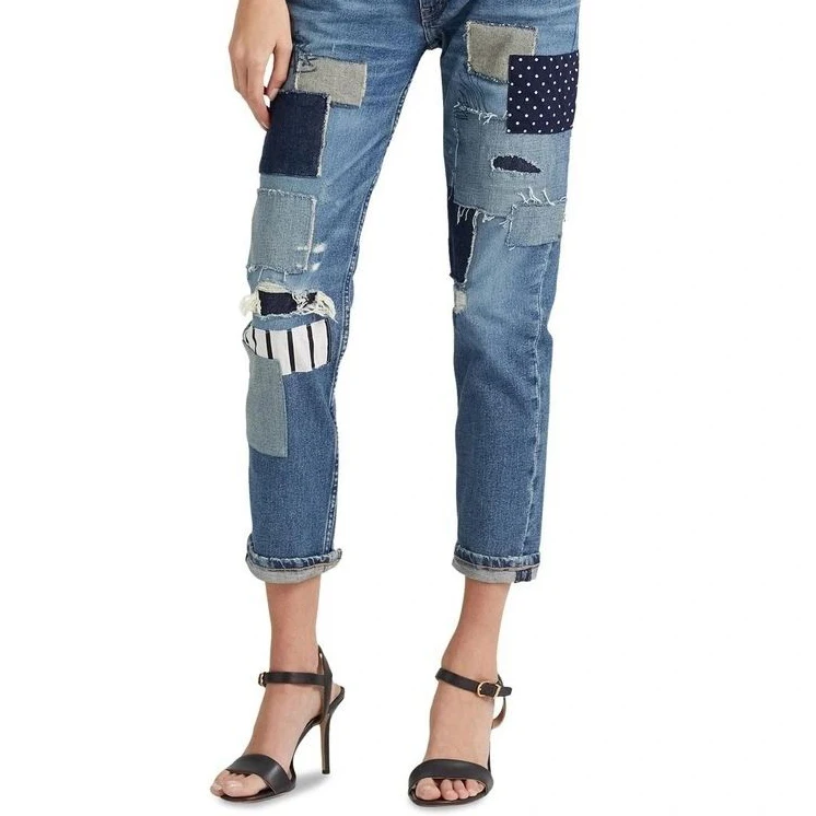 Pakistani Womens Ripped and Patches Design Denim Jeans Skinny Fit Casual Breathable Women Fashion Pants