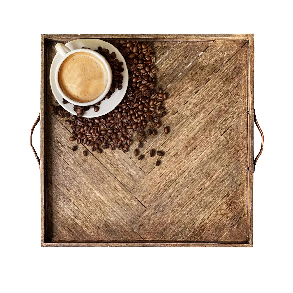 High Quality Square Large Ottoman Acacia Wooden Serving Tray with Leather Handles Commercial Restaurant Food Tray Breakfast Tray