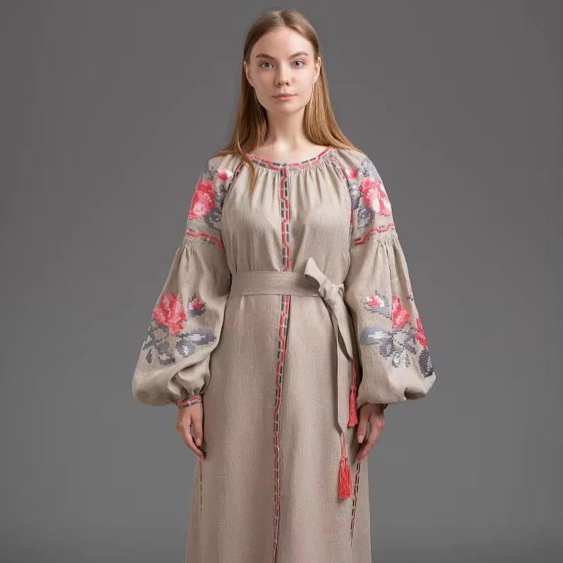 Новейшие украинские вышитые вручную длинные Этнические платья с рукавами-баллоном