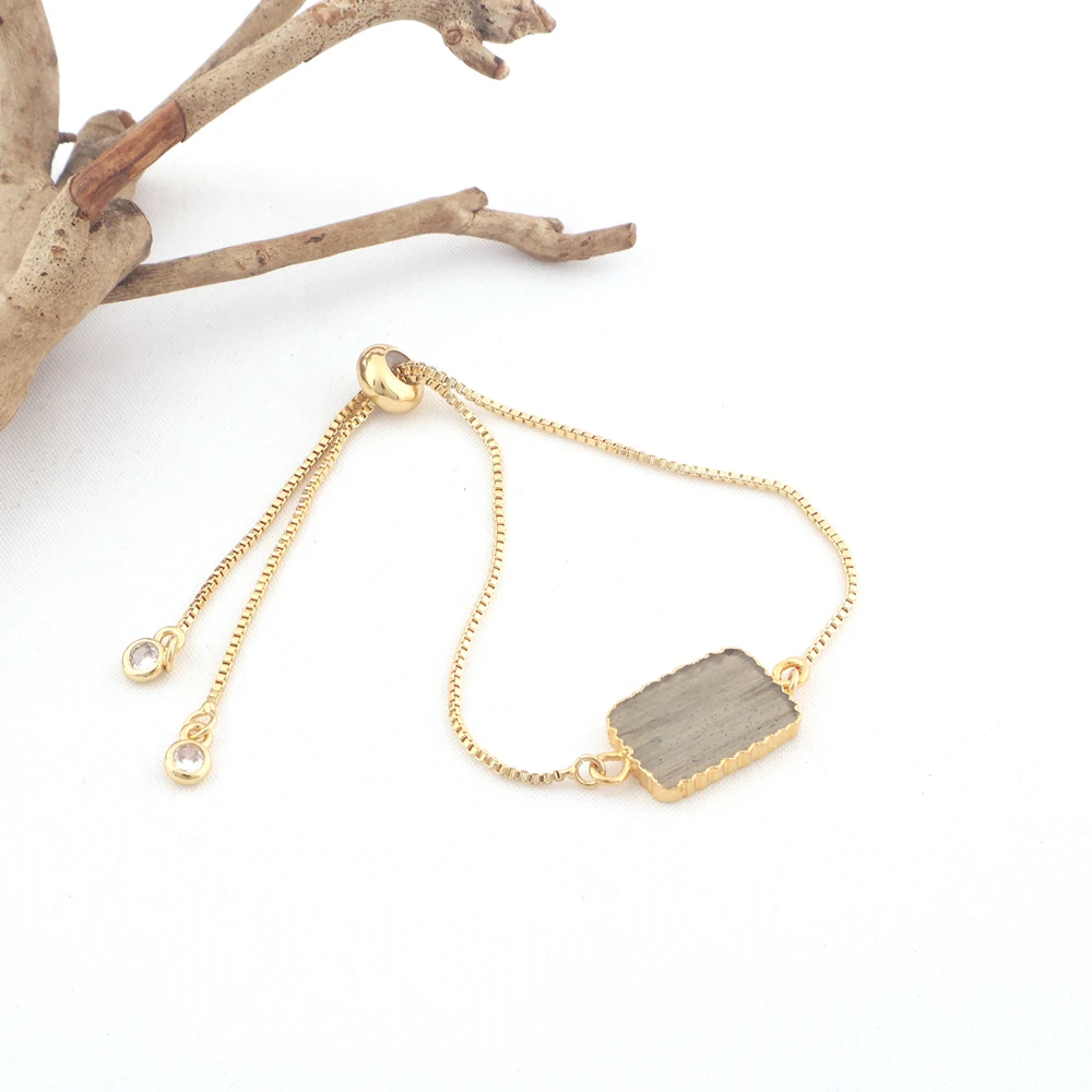 Wholesale Customized Natural Flashy Labradorite Rhinestone Pull Bracelet Diamond-Studded Brass Chain Gold Plating Zig Zag Gift