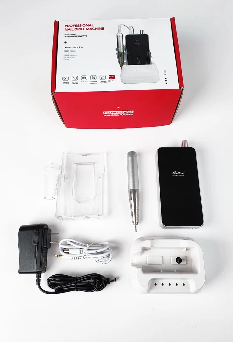 High Quality 35kRpm Low Vibration Nail Drill Handpiece 65W Rechargeable Cordless Drill Machine For Nails