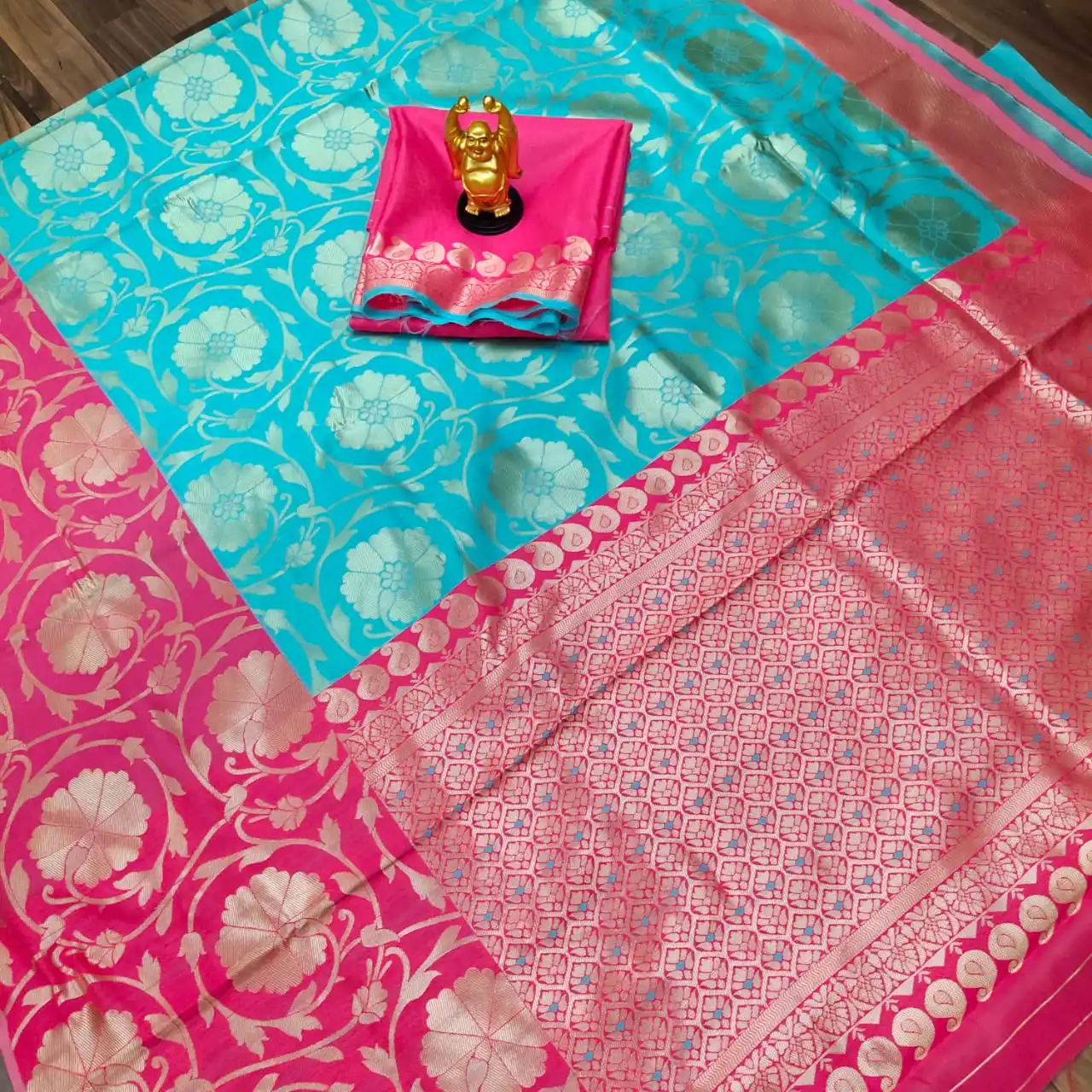 Soft Lichi Silk Saree Blouse sky blue Color Zari Work Saree Indian Traditional Saree Silk sariBanarasi kanchipuram Royal Export