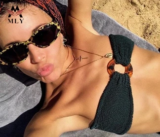 New design custom crinkle rib bikini strapless bandeau solid color seersucker jacquard women swimwear