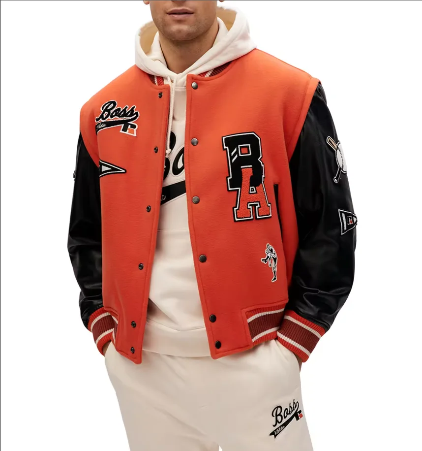Mens Custom Baseball Style 6XL Oversize Varsity Wool Jacket Two Tone Color Patch Leather PU Sleeves Fabric Pocket Decoration