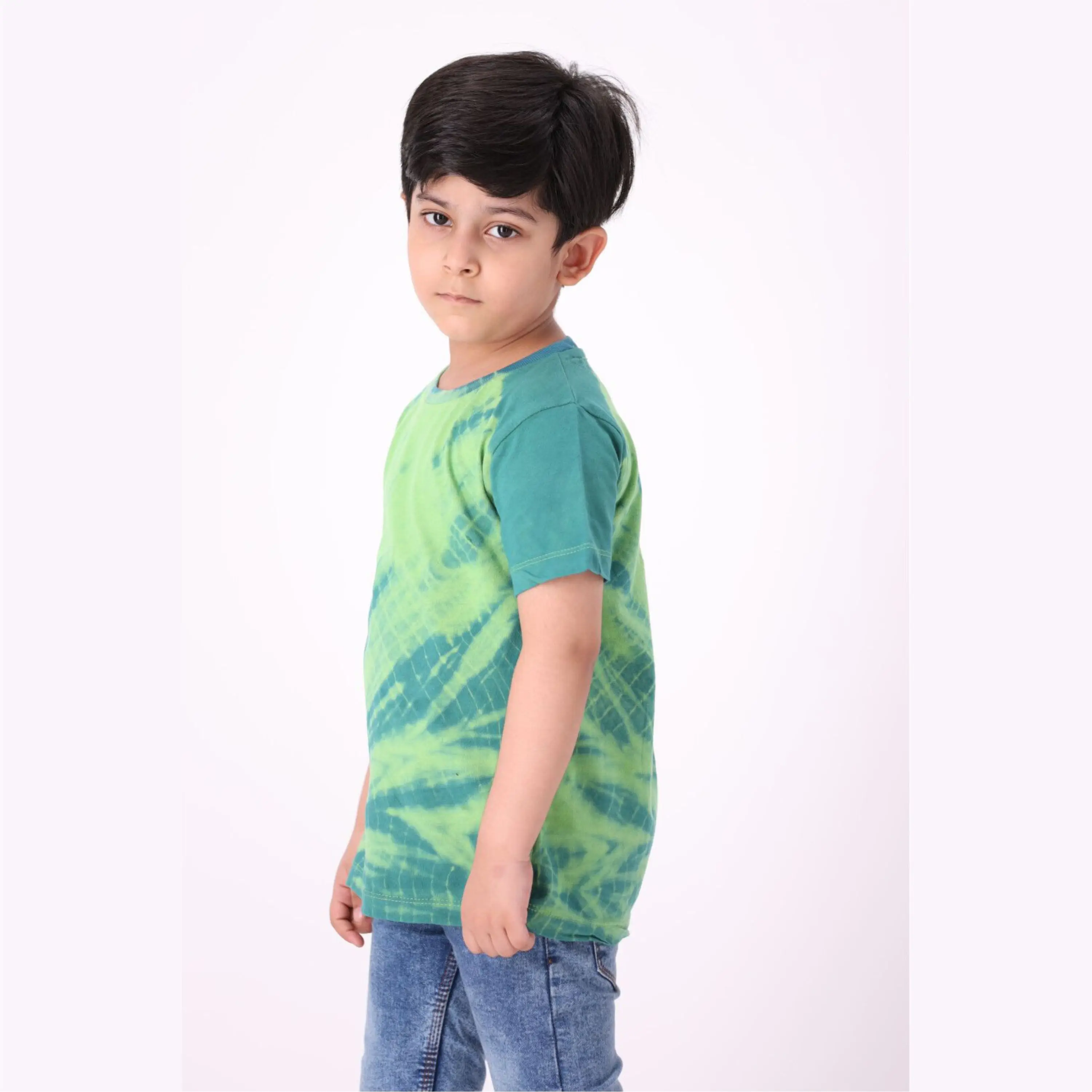 100% Knitted Pure Cotton Fabric Regular Length Round Neck Half Sleeves Parrot Tie and Dye T Shirt for Boys