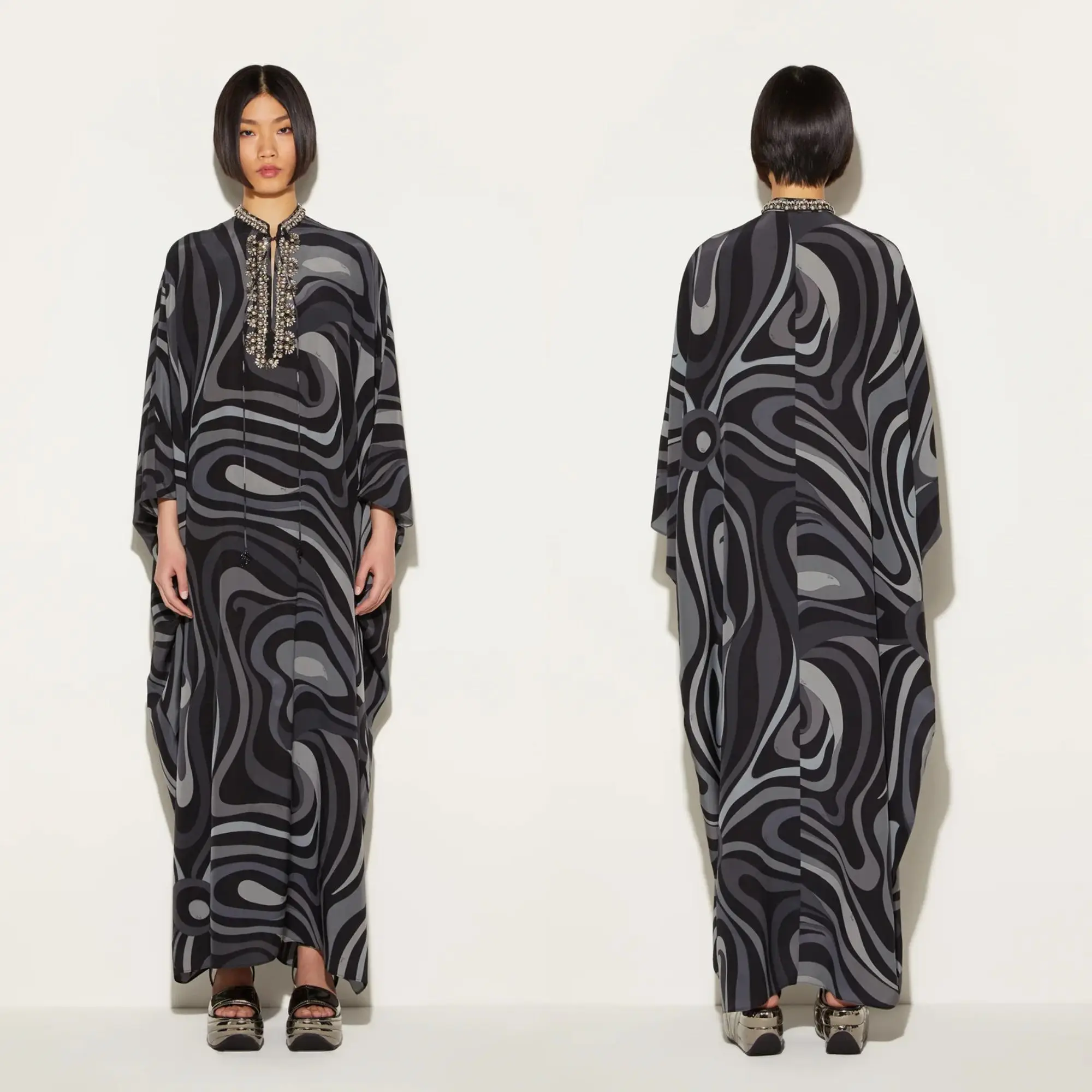 Premium Hand Work Embellishments : Fashionable Black and Grey Abstract Long Kaftan Dress With String Closer