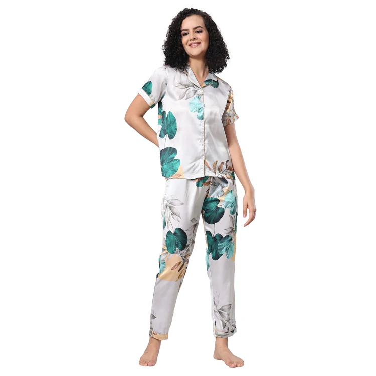 Bulk Stock Supplier Selling 100% Satin Material Made Ladies Sleepwear Knitted Full Sleeves 2 Piece Pajama Set for Women