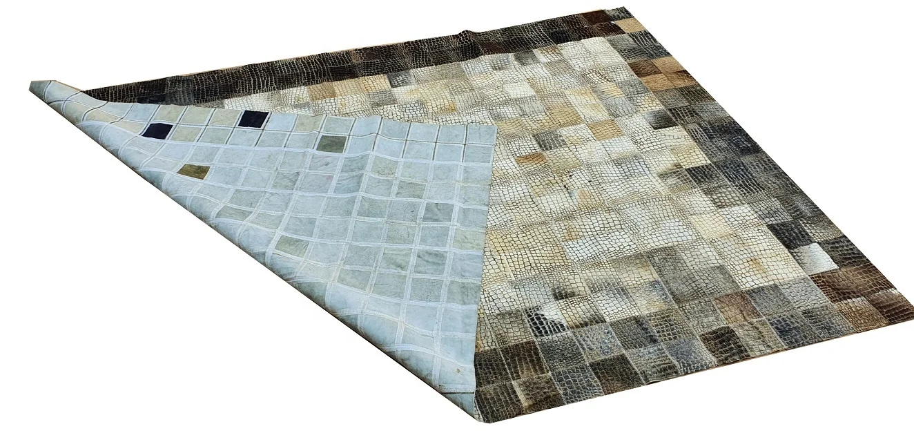 Modern Design Laser Engraved Colorful Hair on Handmade Pure Genuine Cow Leather Patchwork Area Rug