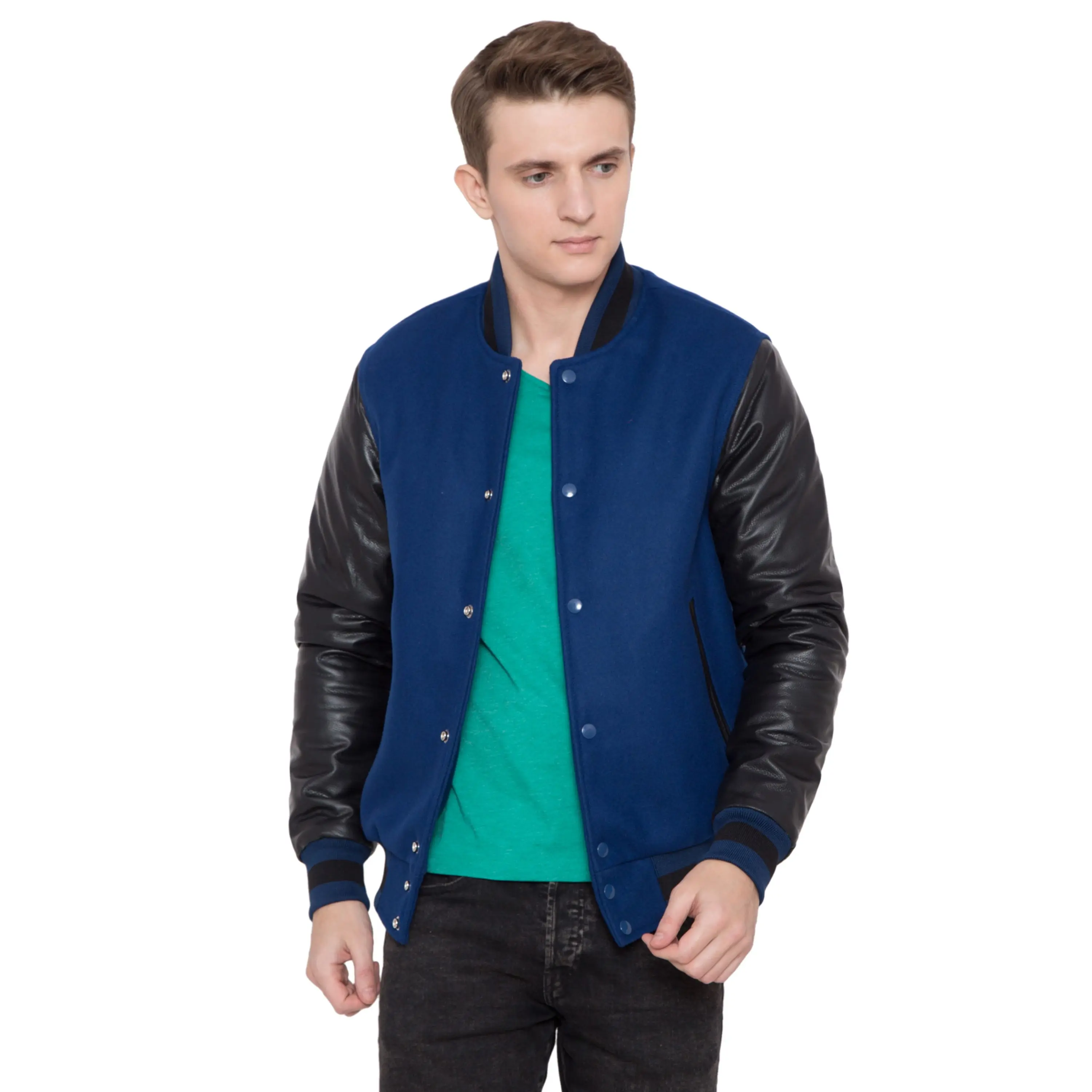 100% Cashmere Wool Body and Genuine Cowhide Leather Sleeves Dark Navy & Black Letterman Jacket