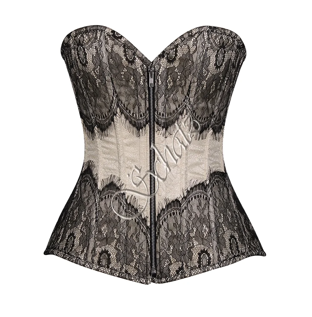 Women Plus Size Shapers Breathable 3 Layer Overbust Corset made of High quality Brocade with Eyelash Lace Overlay and Trims