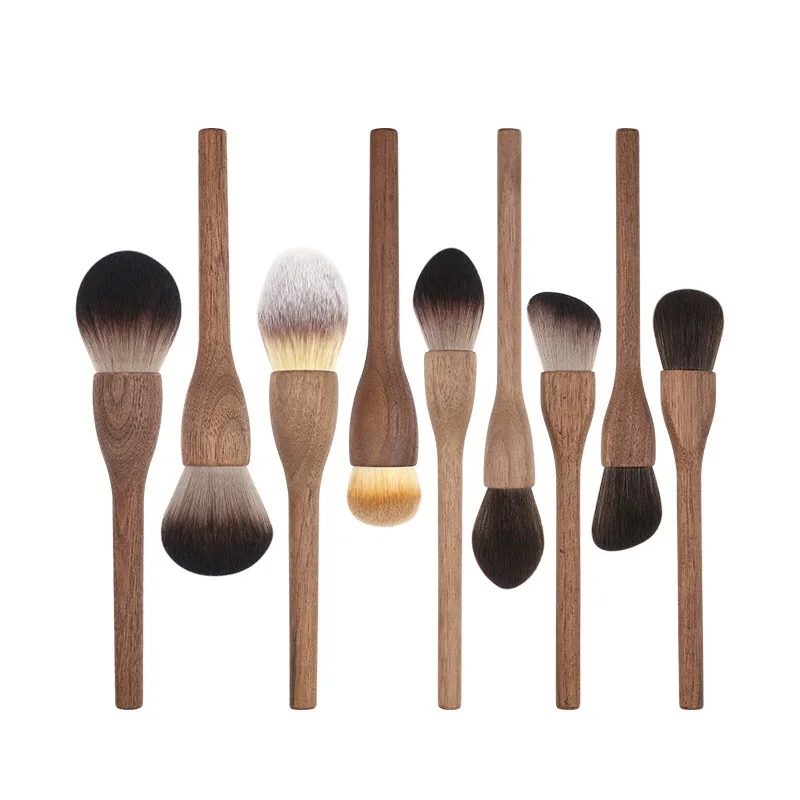 Solid Wood Walnut Large Retro Loose Powder Brush Makeup Brush Set Vegan Wood Handle Custom Cosmetics Brush