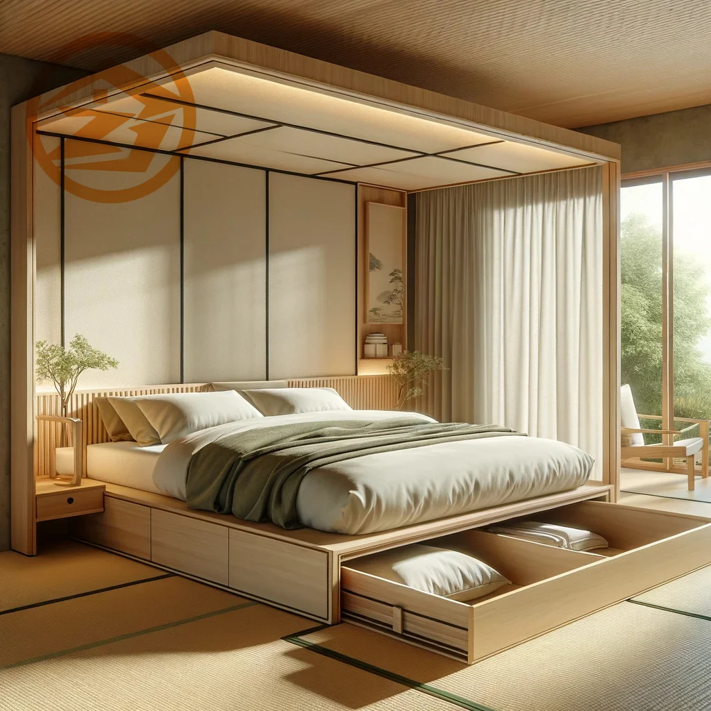 Eco-Friendly Wooden Hotel Bed with Integrated Storage | Zen-Inspired Elegance